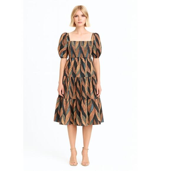 Autumn Adeigbo Della African Leaf Print Midi Dress Size 2 NWOT - Picture 1 of 7